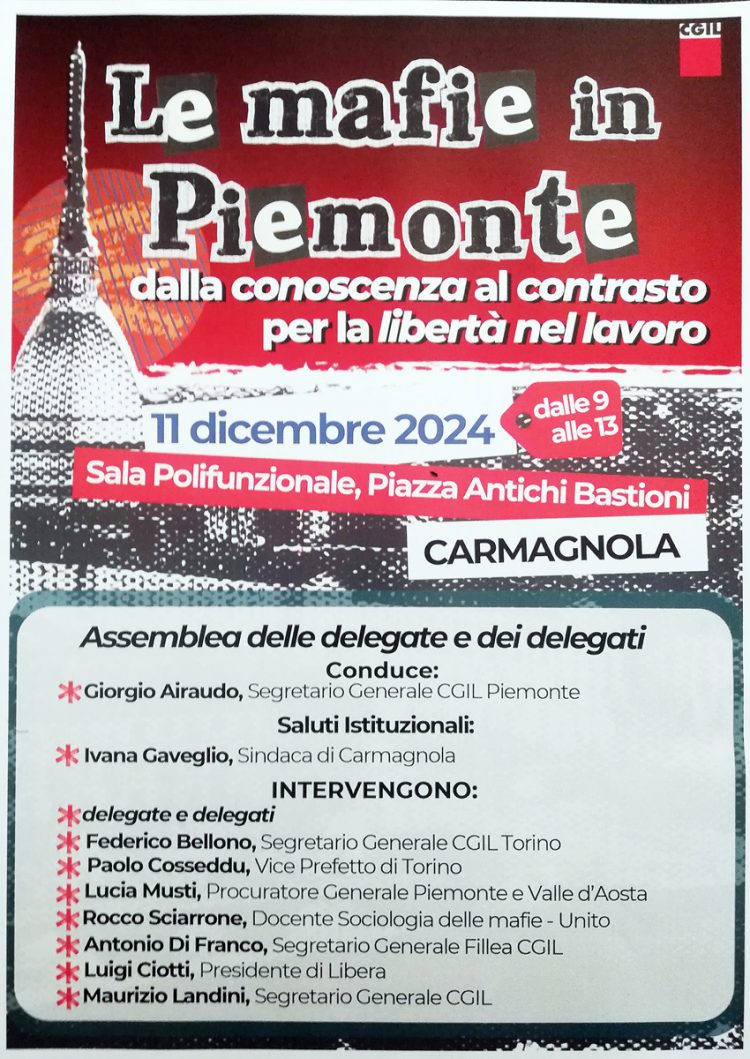 Mercoledì 11 dicembre Landini e don Ciotti a Carmagnola per parlare delle mafie in Piemonte